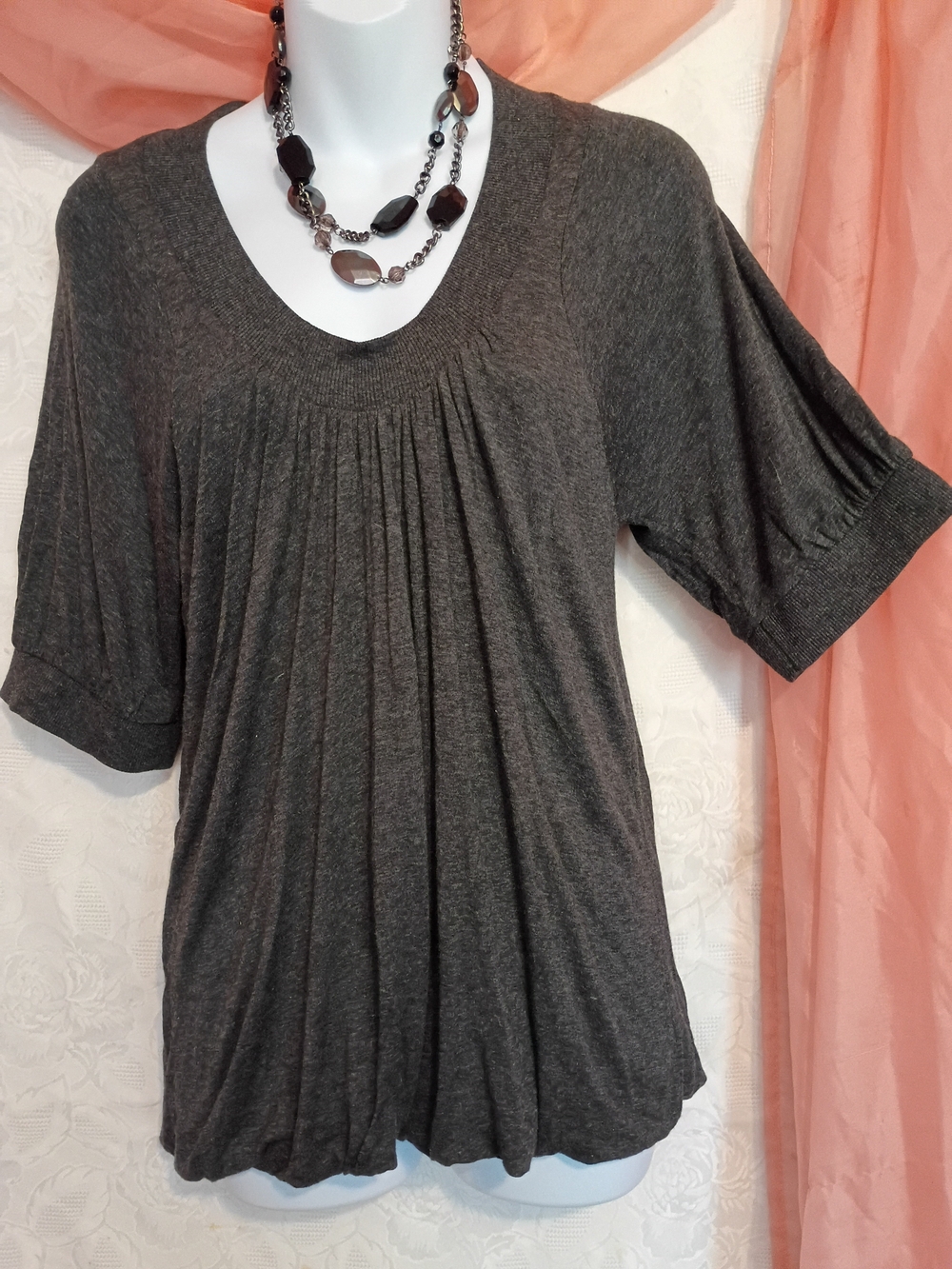 Poleci Ladies Charcoal Pleated V-Neck Short Sleeve Sweater Sz XS